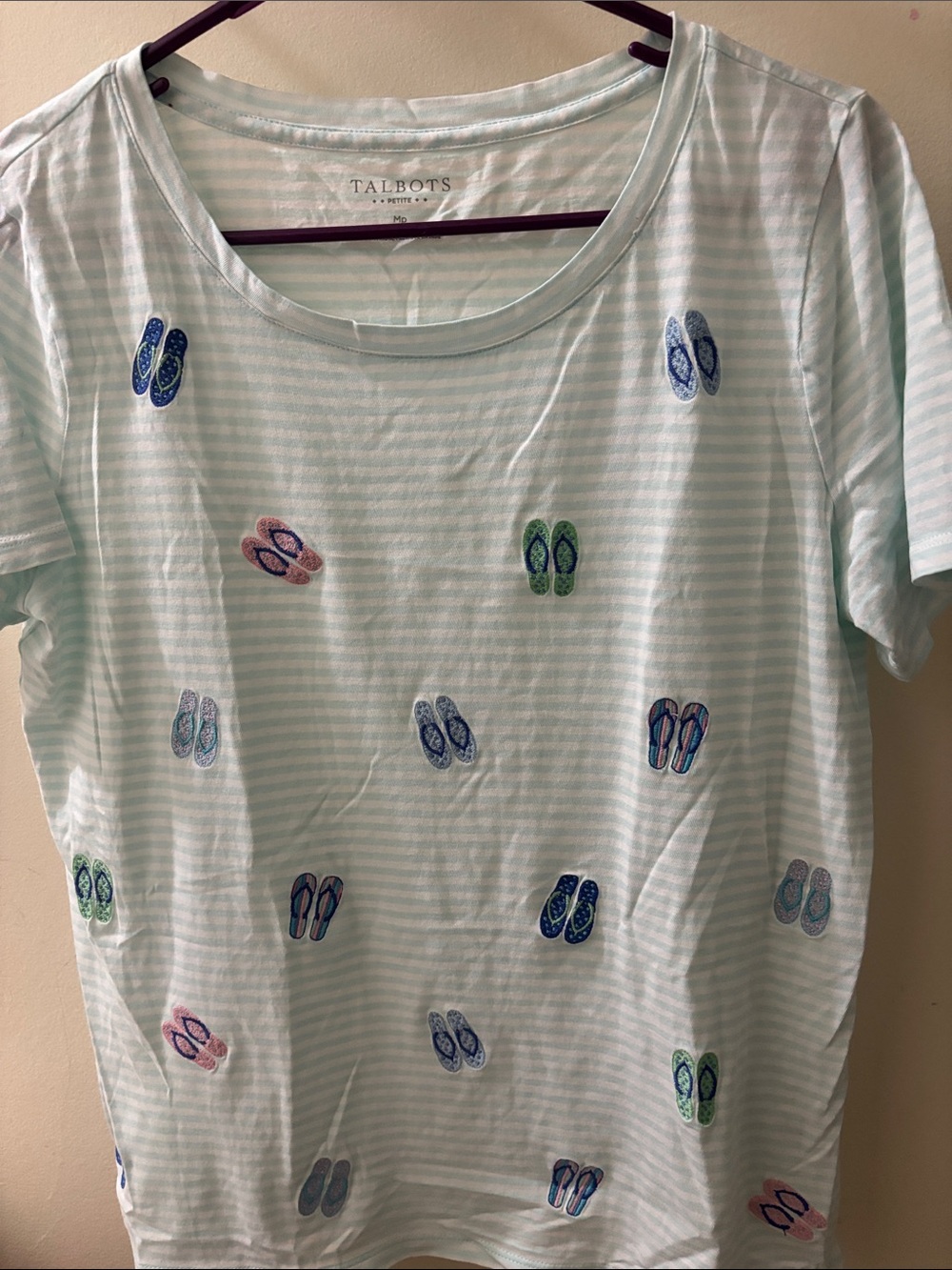Talbots Mint & White Striped Tee with Multicolored Flip-Flop Embroidery